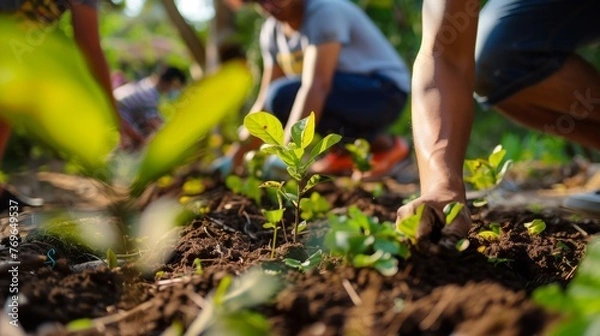 Fototapeta Group of people planting trees in a park or forest, symbolizing reforestation and ecological restoration efforts.