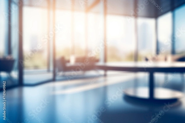 Fototapeta Gorgeous Blurred Backdrop: Contemporary Office Interior with Panoramic Windows and Elegant Lighting