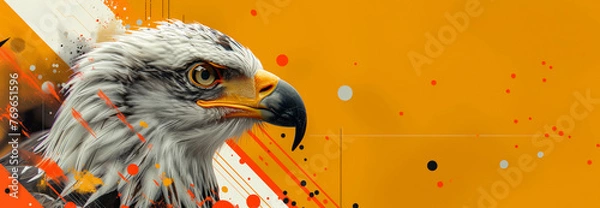 Fototapeta Vibrant digital illustration of a bald eagle with abstract colorful background featuring dynamic splashes of orange, yellow, and red, perfect for desktop wallpaper. Panoramic banner with copy space