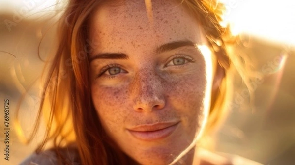 Fototapeta A close-up portrait of a young woman with freckles smiling gently with her hair softly blowing in the wind set against a blurred warm-toned background possibly during sunset.