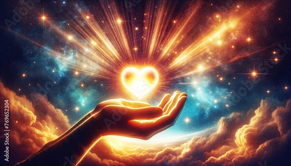 Fototapeta A hand holding a heart in a sky full of stars. Concept of love and hope, as the heart is a symbol of love and the stars represent the infinite possibilities of the universe