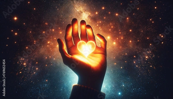 Fototapeta A hand holding a heart in a galaxy. The hand is surrounded by stars and the heart is glowing. Concept of love and hope, as the hand reaches out to the heart in the vastness of space