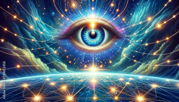 Fototapeta Third Eye in the universe to the scene, symbolizing a heightened state of awareness and cosmic insight, The eye is surrounded by a galaxy of stars and clouds