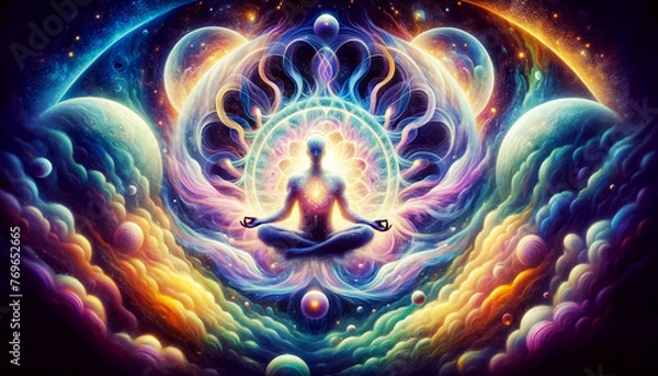 Fototapeta the theme of inner peace and universal love. In this rendition, the colorful aura around