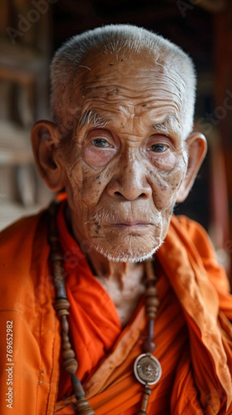 Fototapeta Portrait of an old Buddhist monk, in the Asian temple, his face is wrinkled. 