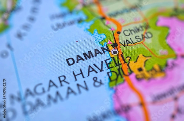 Fototapeta Daman on a map of India with blur effect.