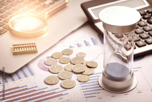 Obraz Coins, hourglasses, and other office supplies placed on financial data charts