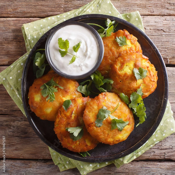 Obraz indian potato patties aloo tikki served with yogurt close up in a dish on the table