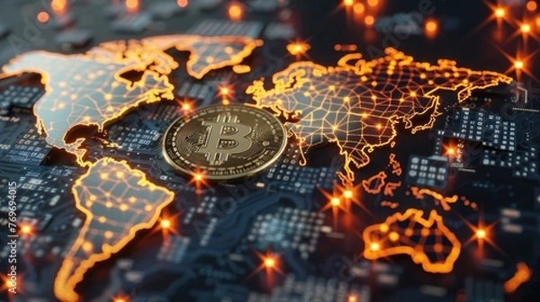 Fototapeta Close-up of Bitcoins on the map of the world. Worldwide spread and mass adoption of cryptocurrency, btc and blockchain technology background