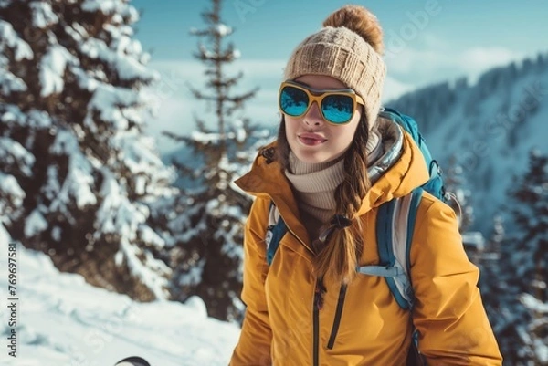 Obraz Chic Skier in Reflective Sunglasses and Beanie