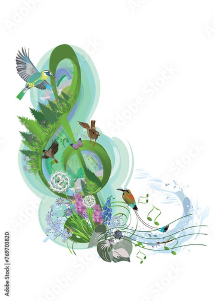 Obraz Nature Abstract treble clef decorated with summer and spring decorations: flowers, leaves, notes, birds. Hand drawn musical vector illustration.