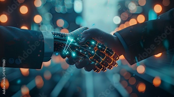 Fototapeta Amidst a futuristic backdrop, a businessperson engages in a handshake with a digital partner, embodying the essence of artificial intelligence and machine learning processes driving the 4th industrial