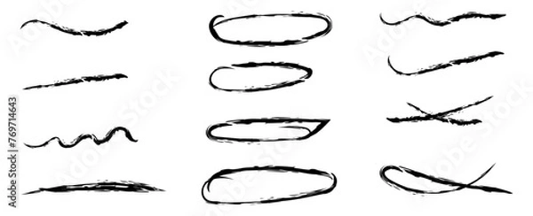 Fototapeta Brush strokes, black ink lines, vector abstract set with paint brush grunge texture on transparent background. Paintbrush strokes and ink smear stains. doodle underlines. vector illustration

