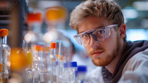 Obraz A portrait of a serious male researcher surrounded by colorful test tubes in a laboratory, embodying dedication and precision in scientific work.