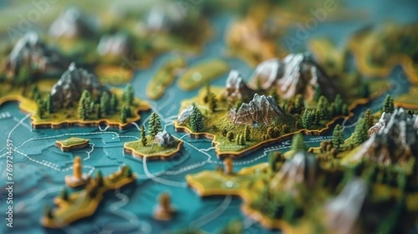 Fototapeta A map unfolding into a 3D landscape