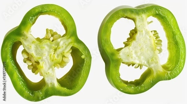 Fototapeta Isolated Green Bell Pepper Slice - Top and Angle Views in Large Portion, Cut and Chopped Rings and Sections