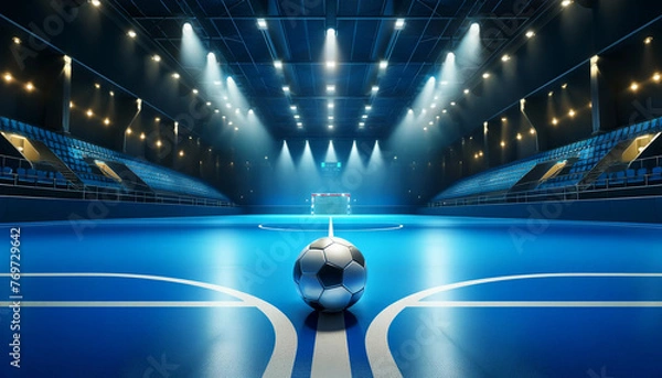 Obraz A realistic and detailed image featuring a futsal ball placed in the center of an indoor futsal court