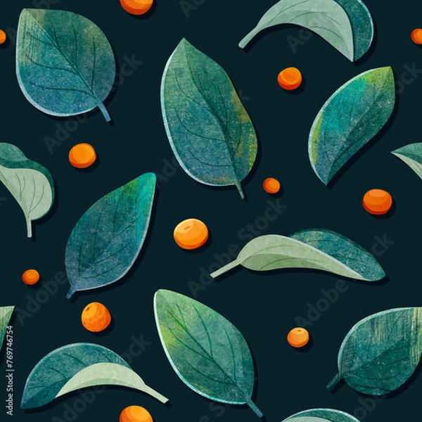 Fototapeta Seamless raster pattern with green leaves. Eucalyptus