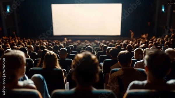 Fototapeta Audience enjoying a movie in a cinema with a bright screen and comfortable seating arrangements