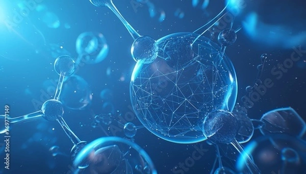 Fototapeta Blue background with an abstract representation of artificial intelligence, such as interconnected nodes or fractal patterns