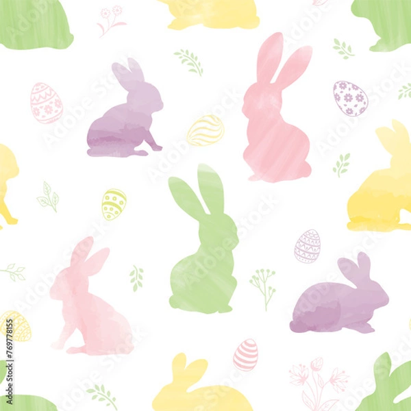 Fototapeta Vector seamless gentle pattern with flowers, bunnies, and easter eggs on white background.  Easter holiday decor for website, package, greeting card design