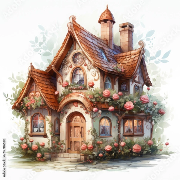 Fototapeta watercolor Kawaii Gingerbread House clipart, Generative Ai