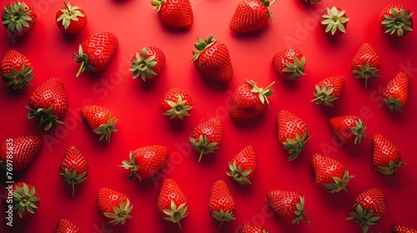 Fototapeta Pattern of strawberries on a red background