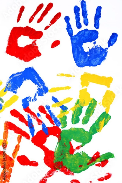 Fototapeta Hand prints of paint on white background
