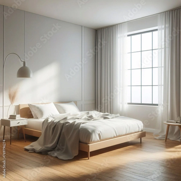 Fototapeta Pared marrón beige en blanco en un dormitorio moderno y lujoso a la luz del sol desde las persianas, cama de madera, manta gris, almohada, mesita de noche en el suelo de parquet para decoración.
