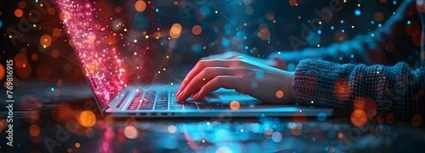Obraz A person typing on an open laptop, with digital connections and data flowing across the screen in background, symbolizing technology integration into business elements. Generative AI