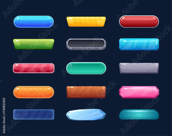 Fototapeta Przyciski gry. Zestaw wektorowy interfejsu projektowania gier z błyszczącym przyciskiem, obramowaniem, ikoną, prostokątnymi ramkami do projektowania interfejsu użytkownika, aplikacją mobilną, logo, naklejkami, wideo. Elementy interfejsu użytkownika. Tekstura drewniana i wodna