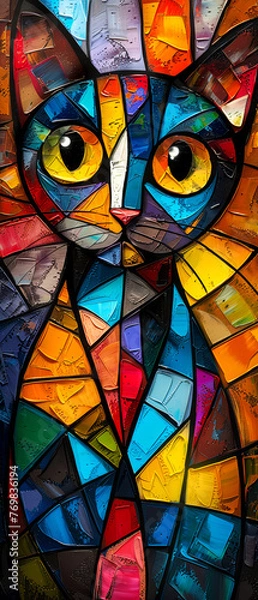 Obraz Colorful stained-glass window in the form of a cat with eyes