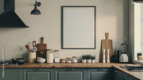 Fototapeta Modern style kitchen with a close up of a mock up poster frame