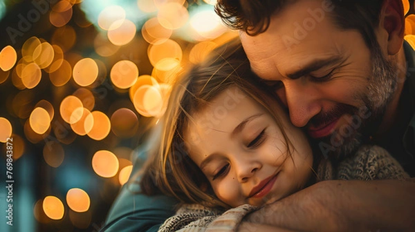 Fototapeta Tender Father-Daughter Embrace Celebrating Fathers Day with Bokeh Background, Warm Family Moments