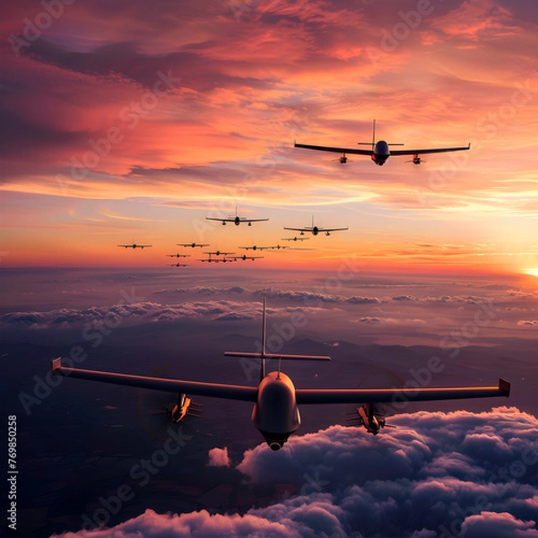 Obraz Menacing fixed wing drones fly high in the sky above the clouds at sunset