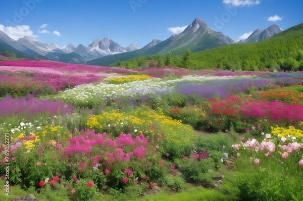 Fototapeta amazing spring flower garden and mountain landscape background