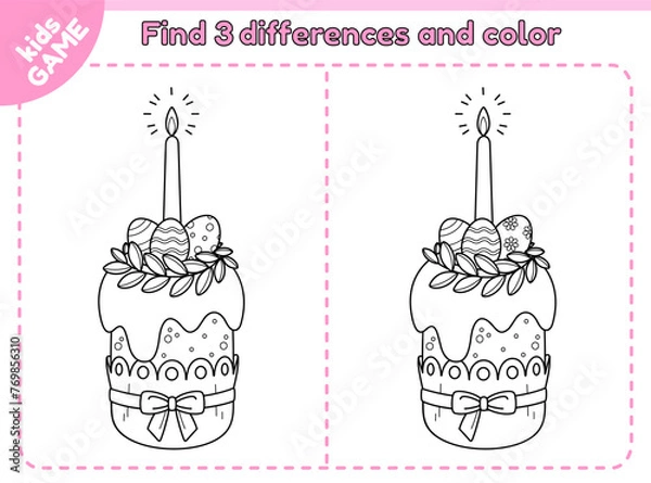 Fototapeta Easter kids game Find the 3 differences with cartoon Easter cake with painted eggs, candle. Spot the differences. Educational puzzle for children. Traditional spring holiday cupcake. Vector outline.