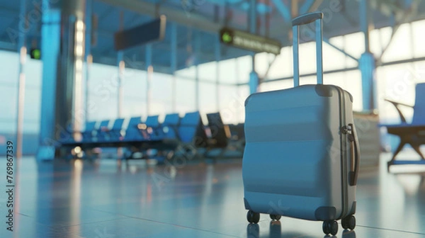 Fototapeta The vibrancy of an airport is captured with striking blue hues featuring a solitary suitcase