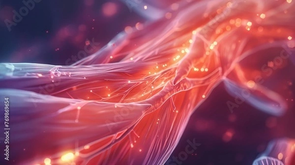 Obraz Intricate view inside muscle, capillaries highlighted, angled shot, soft glow, realistic colors