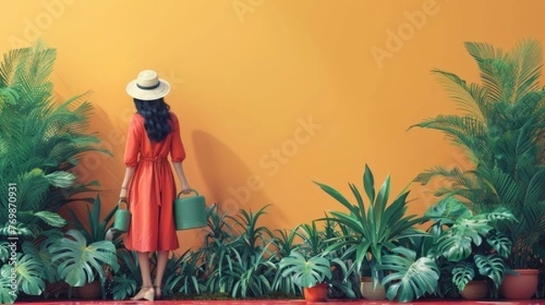 Fototapeta Woman in Orange Dress and Hat Among Plants