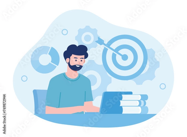 Fototapeta Concentration and focus on business goals  a worker works with a laptop concept flat illustration