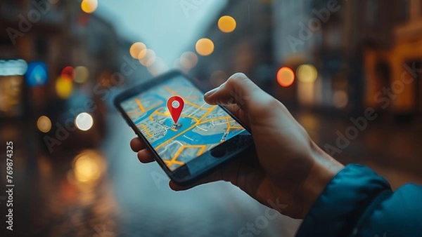 Fototapeta Woman holding smart phone with gps map navigation app with planned route on screen.