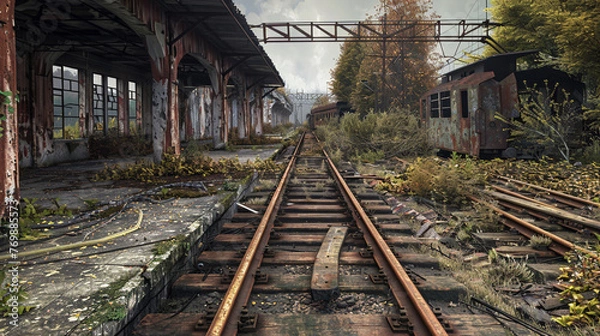 Fototapeta Atmospheric Abandoned Train Station and Railway Tracks