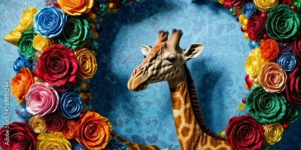 Fototapeta   A close-up of a giraffe in front of a paper wreath with blue background