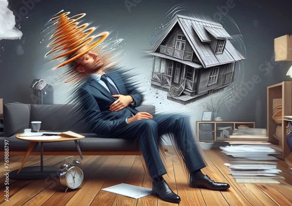 Fototapeta house in hands Dizziness, house spinning Generative AI