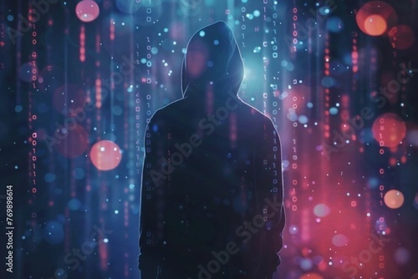 Fototapeta Hacker in hoodie standing on abstract dark hacking background with bokeh circles and binary coding