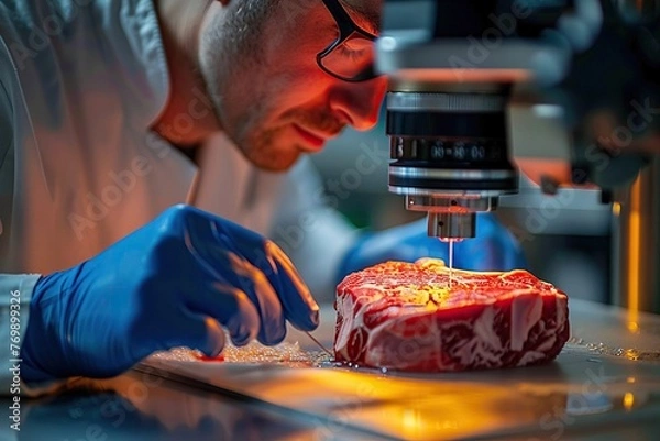 Obraz Labgrown meat texture analysis, cellular agriculture quality control, clinical setting light, detailed inspection , blue sci-fi tone,
