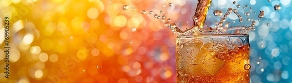 Fototapeta Detailed shot of a fizzy drink being poured focusing on the bubbles and splash against a vibrant backdrop