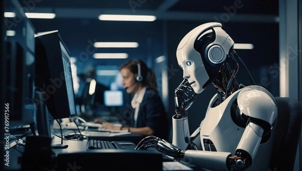 Fototapeta Answerphone, Robot With Headphones Answering The Phone Calls.Ai generative