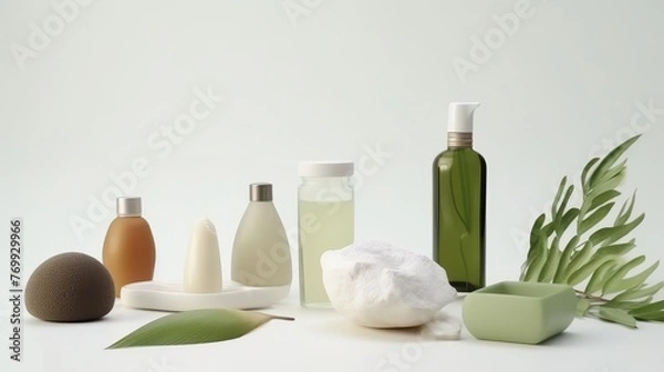 Fototapeta A neatly organized set of green and white bath essentials on a pristine background, offering an eco-friendly hygiene concept